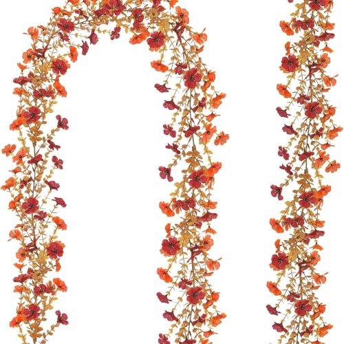 2 Pack Artificial Fall Flowers Garland, 6 FT Fall Decorations UV Resistant Fake Mums Floral Vines Faux Hanging Flower Ivy Garland for Home Party Table Wall Mantel Decor (Orange + Dark Red)