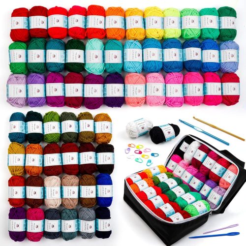 62 Acrylic Yarn Skeins, 2170 Yards Yarn for Knitting and Crochet, Includes 2 Crochet Hooks,2 Weaving Needles,10 Stitch Markers, Perfect Beginner Kit for for Adults Kids
