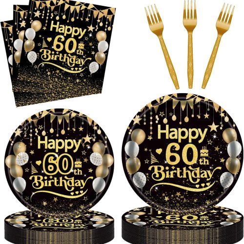 96Pcs 60th Happy Birthday Tableware Set Black Gold Disposable Paper Plates and Napkins with Forks Back in 1965 Birthday Party Decorations Supplies for Men Women, Serve 24