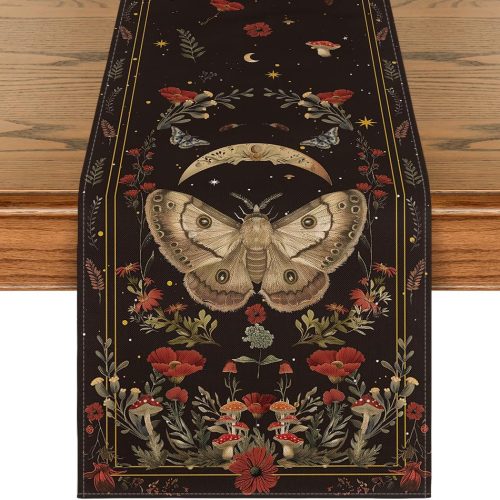 Poppy Moth Mushroom Moon Fall Table Runner, Seasonal Autumn Kitchen Dining Table Decoration for Home Party Decor 13x72 Inch