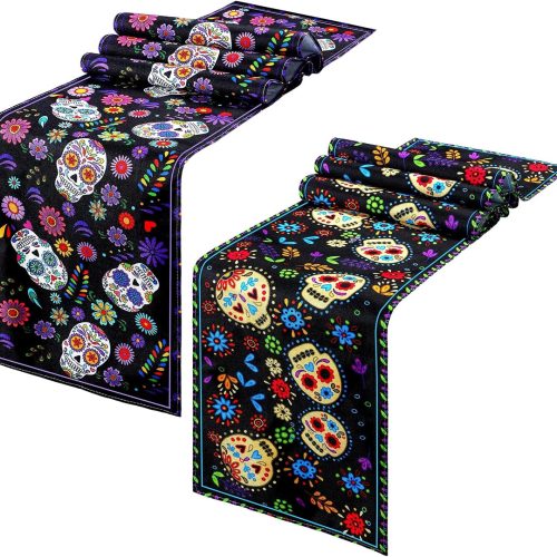2 Pieces Day of the Dead Table Runner Dia De Los Muertos Decoration Linen Sugar Skull Mexican Table Runners for Festival Fiesta Holiday Kitchen Dinning Room Home Altar Decor, 13 x 72 Inch