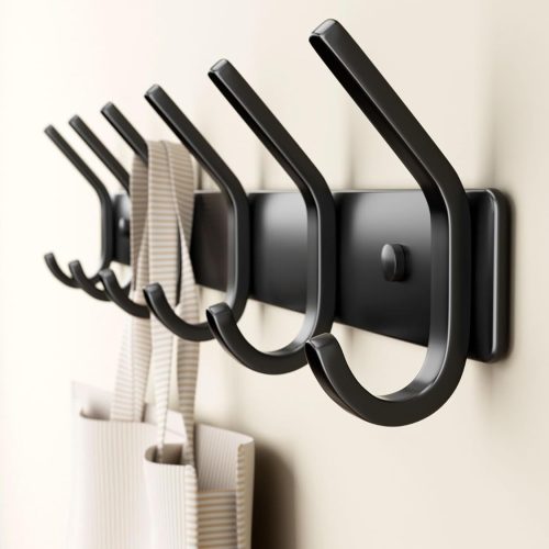 1 Coat Rack Wall Mount Hooks - 15 Inch Matte Black Metal 6-Hook Organizer Wall Mounted, Modern Kids Room, Entryway & Bathroom Hanger for Beach Towels, Coats, Purses, Bags (1 Pack)