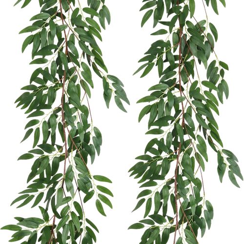 Artificial Willow Leaves Vine Twigs 2Pcs 5.7Ft Fake Hanging Ivy Plants Silk Green Leaf Rattan Garland Greenery Decor for Indoor Outdoor Home Wedding Arch Jungle Beach Birthday Party Garden