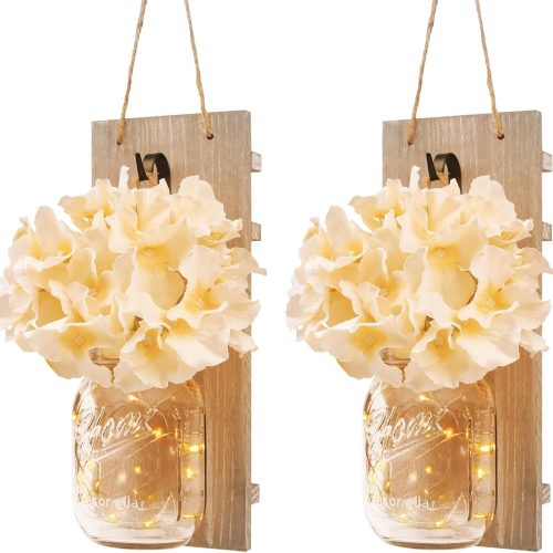Wall Sconce Decor 2pcs, Mason Jar Wall Sconce Farmhouse Home Decor with 6.5FT LED Fairy Lights Flowers, Modern Art Living Room Bedroom Bathroom Decorative Hanging Yellow