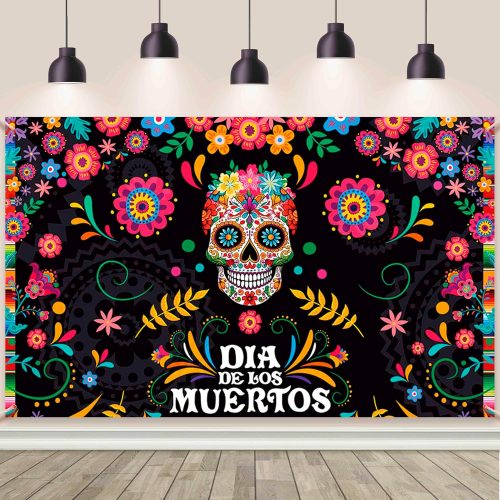 7x5ft Day of The Dead Backdrop Mexican Fiesta Sugar Skull Marigold Flowers Photography Background Dia DE Los Muertos Birthday Party Decorations Supplies Banner Cake Table Photo Shoot Props