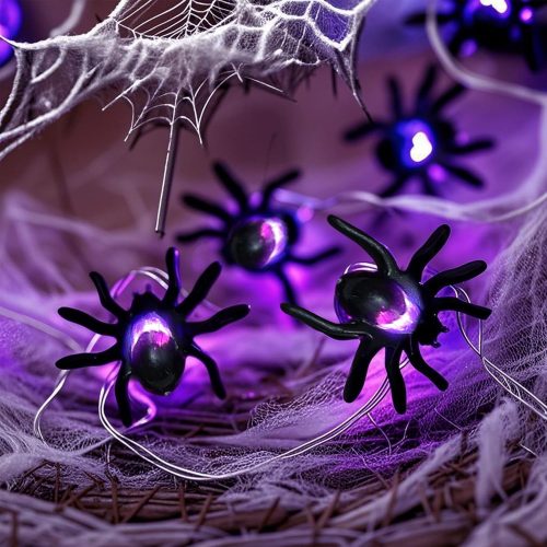 Spider String Lights for Halloween Decoration, 16.5Ft Copper Wire String Lights with 50LED Little Black Spiders, Battery Operated Purple Mini Fairy Lights Indoor for Home Bedroom Party Halloween Decor