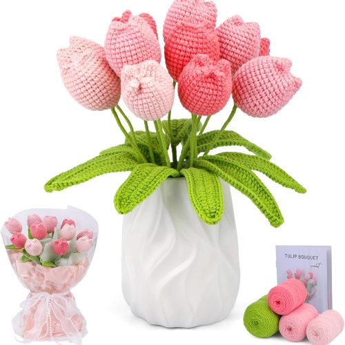 Crochet Kit for Beginners, Crochet Flower Bouquet Kit, Beginner Crochet Kit for Adults, Crochet Flower Bouquet with Step-by-Step Video Tutorials for Birthday, DIY Craft Home Decor (Pink)