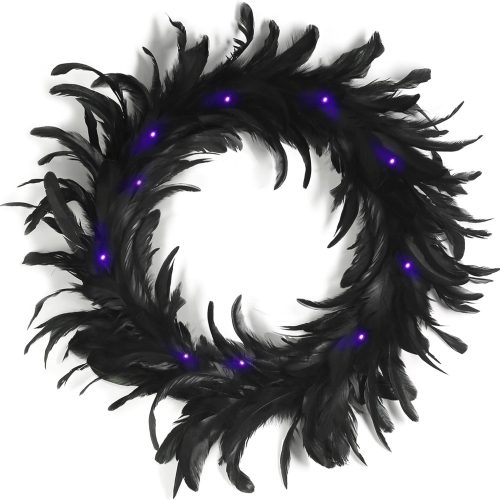 15.7 Inch Black Feather Wreath with 30 LED Purple Light for Spooky Scene Party Favors, Halloween Decoration Props