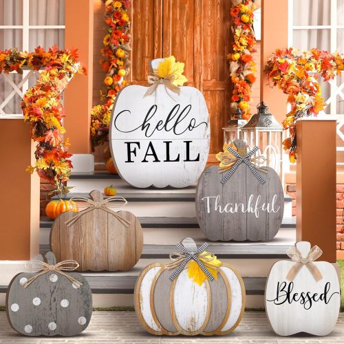Set of 6 Farmhouse Outdoor Thanksgiving Fall Decoration for Home Pumpkin Thanksgiving Fall Porch Signs Decoration Standing Thankful Grateful Blessed Welcome Sign for Front Porch Garden Party(Vintage)