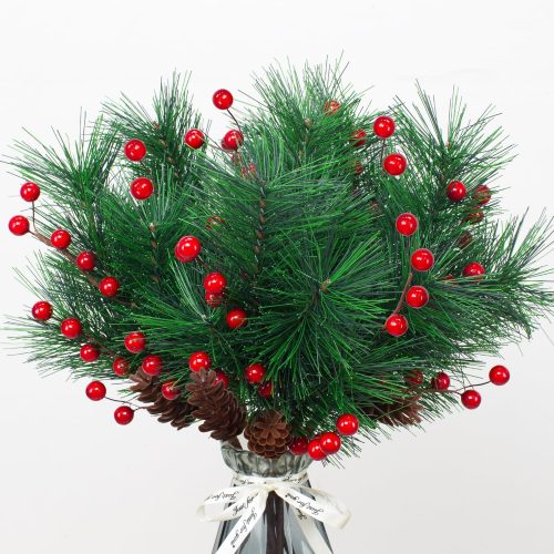 6 Pack Christmas Berries Pine Picks Artificial Flowers whit Red Berry Pine Branches Long Faux Pine Stem with Pinecones Christmas Tree Wreath DIY Craft Floral Arrangement Holiday Season Xmas Decor