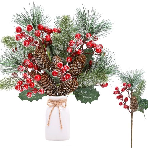 6 Pack Snow Frosted Christmas Berries Pine Picks Artificial Red Berry Pine Branches Frosted Faux Pine Stem with Pine Cones Holly Berry Leaves for Xmas Tree Wreath DIY Craft Holiday Decor