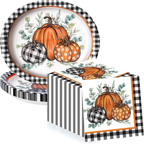 50Pcs Fall Large 12" x 10" Oval Paper Plates and Napkins Disposable Heavy Duty Paper Plates and Napkins for Fall Party and Thanksgiving Party Supplies