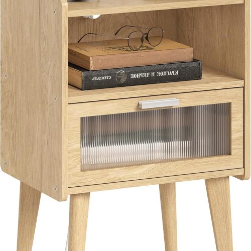 1 Nightstand with Charging Station, Bedside Tables with Glass Decorative Door, Natural End Table, Side Table with 2 Tiers Storage Space for Bedroom Living Room CAMLBZ07YE