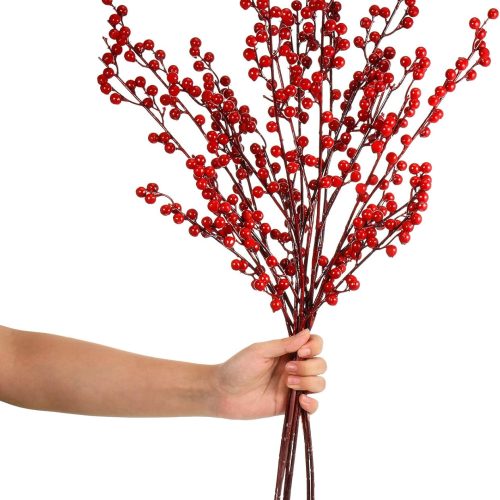 Artificial Red Berry Stems 21.6 Inch Christmas Red Berries Holly Berry Branches for Christmas Tree New Year Decor DIY Craft (8, Simple Style)