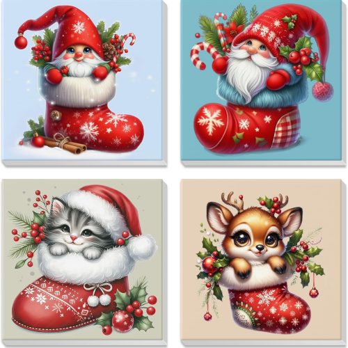 Christmas Cartoon Paint by Number Kits for Kids Adults Beginners, 4 Pack DIY Kids Paint by Number Kits with Framed, Animal Color Pictures by Number on Canvas Acrylic Easy Painting Number Kit 8x8inch