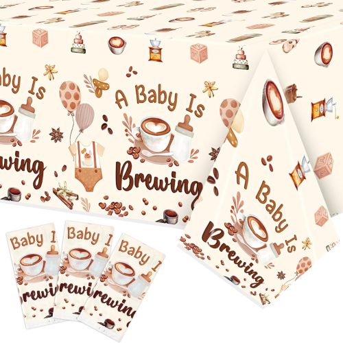 3PCS A Baby is Brewing Baby Shower Party Tablecloths for Kids, Coffee Themed Brown Plastic Tablecloths, Coffee Disposable Table Covers for Birthday Decorations, Pregnancy Diaper Party Supplies