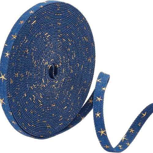 10.93 Yards Denim Ribbon - Marine Blue Fabric, Gold Foil Star Design for Curtain Hem and Garment Decoration