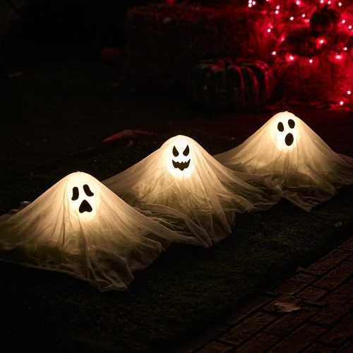 Halloween Outdoor Decorations White Ghost Garden Stakes with Light Up Design (3 Packs), Cloth Ghost for Halloween Lights, Graveyard Yard Lawn Decorations