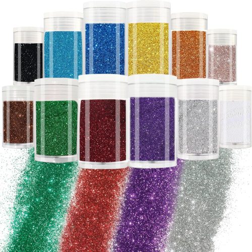Ultra Fine Glitter Powder,12 Colors Resin Glitter Set,2.11oz/60g Metallic Iridescent Glitter,1/128” Nail Sequins 5g/Jar for Crafts Tumbler Snowglobe Slime Scrapbook Jewelry Making,Body Nail Art