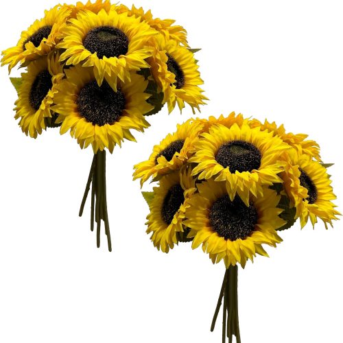 12PCS Sunflowers Artificial Flowers Silk Flower with Plastic Soft Rod Stems Yellow Sunflower Bridal Wedding Bouquet Decorations for Home Wedding Party Birthday Bulk Dark Center Single