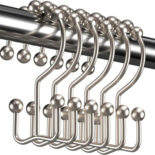 Shower Curtain Hooks Rings, Rust Resistant Metal Double Glide Shower Hooks Rings for Bathroom Shower Rods Curtains, Set of 12 Hooks - Nickel
