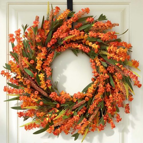 Fall Wreaths for Front Door Outside, 22 Inch Autumn Wreath with Orange Yellow Forsythia Flower Pumpkin, Autumn Decorations for Indoor Outdoor Home Porch Thanksgiving Farmhouse Harvest Decor