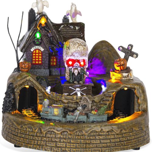 Animated Halloween Train Village Set with Ghosts, Skeletons, Spooky House, LED Lights, 7.67 Inches, Multicolor