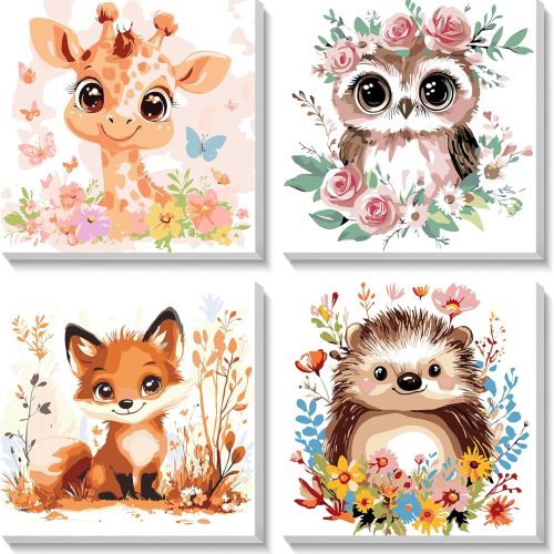 Framed 4 Pack Paint by Number for Kids,Paint by Numbers for Beginners, Cute Animals Paint by Numbers kit for Kids, DIY Acrylic Oil Painting for Home Wall Decor (8x8inch)