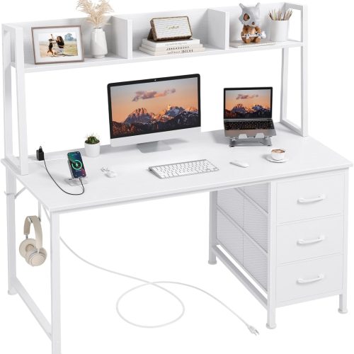 White Computer Desk with Hutch & Drawers - Office Desk with 3 Storage Drawers and Power Outlets, 47 Inch Modern Study Writing Desk for Bedroom Home Office