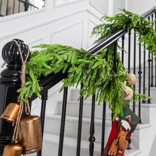 15FT Christmas Garland Norfolk Pine Needle Cypress Garland Christmas Decorations for Indoor Outdoor Table Mantle Stairs Fireplace Xmas Decor