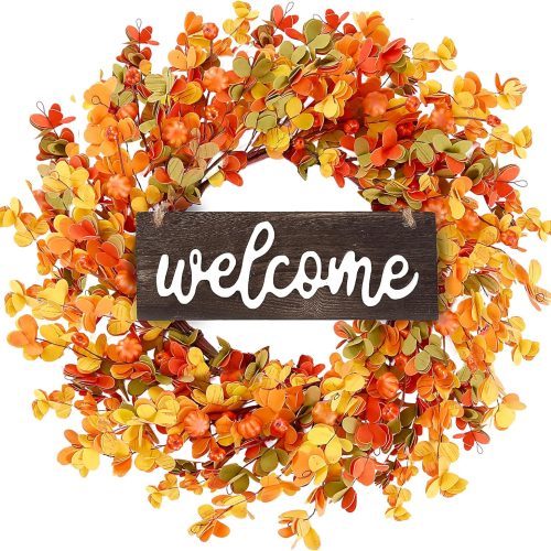 Fall Wreath - 20'' Autumn Front Door Wreath with Small Pumpkin, Berry, Round Leaves - Fall Decorations for Outside, Indoor, Wall, Window, Festival, Thanksgiving - Yellow
