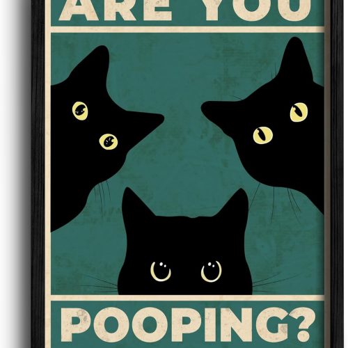 Heiple Framed Wall Art Black Cat Funny Bathroom Decor Hanging Sign (Black, 11"x14")