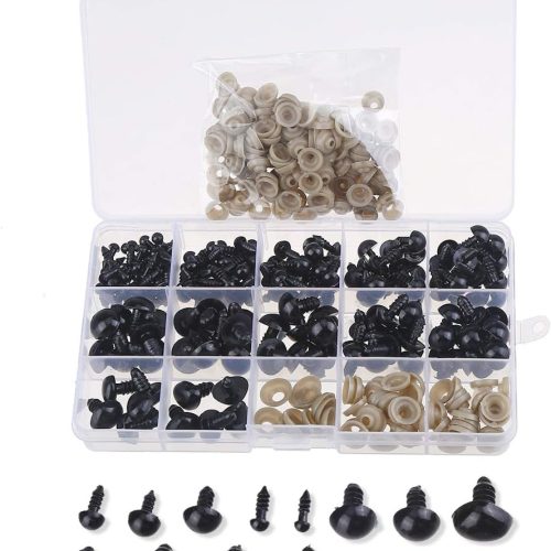 190 PCS 5mm-14mm Solid Black Eyes with Washers, Craft Plastic Safety Eyes Sewing for DIY of Puppet Plush Animal Making and Teddy Bear
