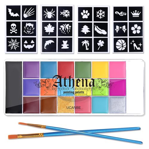Athena Face Body Painting Kit - 20 Color Large Deep Pan Paint, 24 Stencils, 2pcs Brushes, Professional Oil Based SFX Makeup Palette for Art, Theater, Halloween, Parties and Cosplay