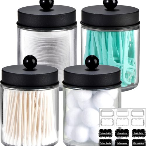 4 Pack Apothecary Jars Bathroom Vanity Storage Organizer Set -Countertop Canister with Stainless Steel Lids &Cute Stickers - Qtip Dispenser Holder for Qtips,Cotton Swabs,Makeup Sponges(Black)