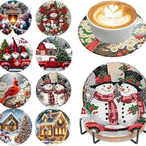 8 Pieces Christmas Diamond Art Coasters Kit, Christmas Diamond Painting Coasters, Diamonds Art Painting Kits, 5D DIY Full Drill Diamonds Arts Kits for Adults Gift & Home Decor