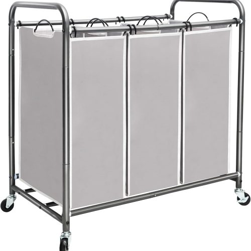 3 Section Laundry Sorter, 35.9 Gal (136 L) Laundry Hamper Cart with Heavy Duty Rolling Lockable Wheels and Removable Bags, Clothes Organizer Basket Clothes Separator Hamper, Gray