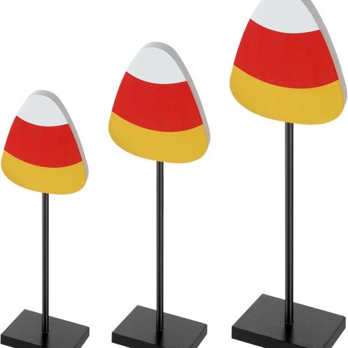 3 Pcs Halloween Standing Table Decor Wood Tiered Tray Table Decorations Bat Candy Corn Centerpiece Tall Block Sign Set for Halloween Party Home(Candy Corn)