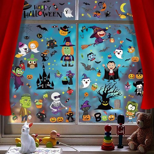 Halloween Window Clings for Glass Windows, 9 Sheets Cute Halloween Double-Side & Removable Window Stickers Decals Ghost Skull Pumpkin Bat Spider Design for Party Supplies Decorations Kids Home Decor