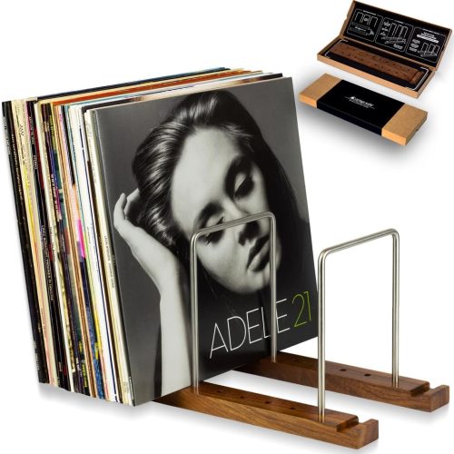 Vinyl Record Storage Holder for 75 LPs, Solid Walnut Record Stand with Built-in Now Playing Display, Sleek Vinyl Record Holder & Display for Album