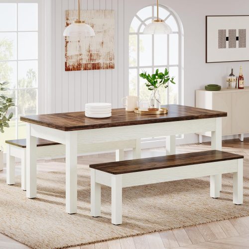 1 Farmhouse Kitchen Table Set for 4-6, 55-Inch Wooden Dining Table with 2 Benches, Space Saving 3 Pieces Heavy Duty Dinette for Dining Room, Kitchen, Small Space