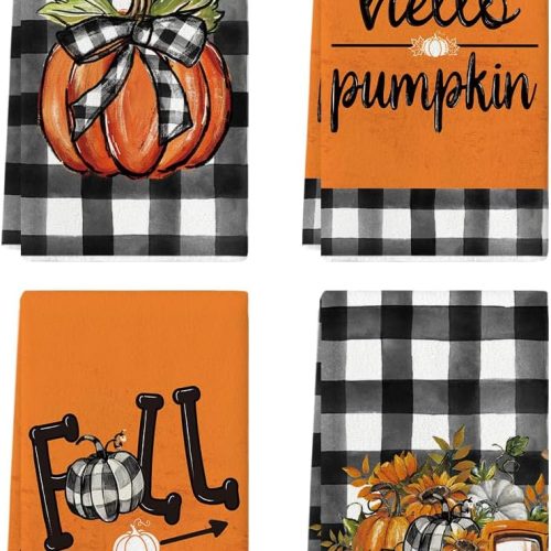 Buffalo Plaid Truck Hello Pumpkin Fall Kitchen Towels Dish Towels, 18x26 Inch Farmhouse Thanksgiving Decoration Hand Towels Set of 4