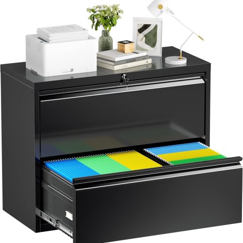 Superday Lateral File Cabinet 2 Drawer Metal File Cabinet with Lock, Black Filing Cabinets for Home Office, Locking Filing Cabinets Hanging Files Letter/Legal/F4/A4
