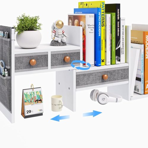 Adjustable Desk Shelves for Storage, Desktop Bookshelf with 3 Drawers, White Wood Desk Shelf for Top of Desk, Corner Desktop Organizer for Women Office