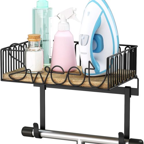 Ironing Board Hanger Wall Mount, Laundry Room Iron and Ironing Board Holder, Laundry Room Organization and Storage with Large Storage Wood Base Basket (Carbonized Black)