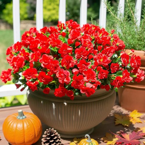 1 Artificial Faux Flowers Plants for Outdoor Outside Fall Decor, Fake Silk Red Camellia UV Resistant Look Real for Planter Porch Patio Balcony Garden Table Indoor, 3 Large Bundles