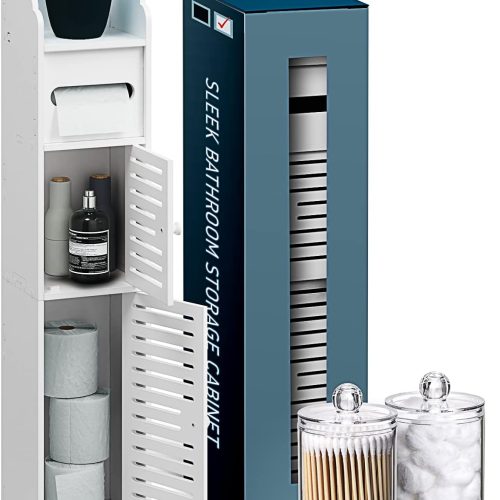 Bathroom Storage Organizer - Floor Standing with Shelves - Includes 2 Apothecary Jars - Tall Bathroom Storage Cabinet for Toilet Paper, Towel & Other Bathroom Storage Accessories - White