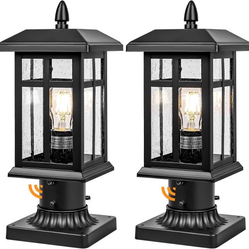 Outdoor Post Light 2 Packs Dusk to Dawn, Post Lights Outdoor Electric with Pier Mount, Pole Lanterns Outdoor for Yard, Driveway, Path, Black