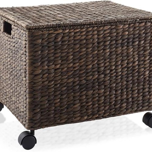 Rolling Filing Cabinet, Espresso - Water Hyacinth File Organizer with Lid and Locking Wheels, Home Office Storage for Hanging Folders