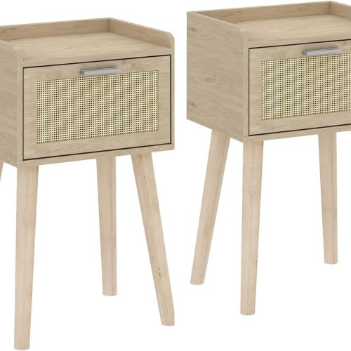 Nightstand Set of 2, Small Bedside Table, End Table with Rattan Door, Boho Side Table with Solid Wood Legs for Bedroom Living Room Small Space
